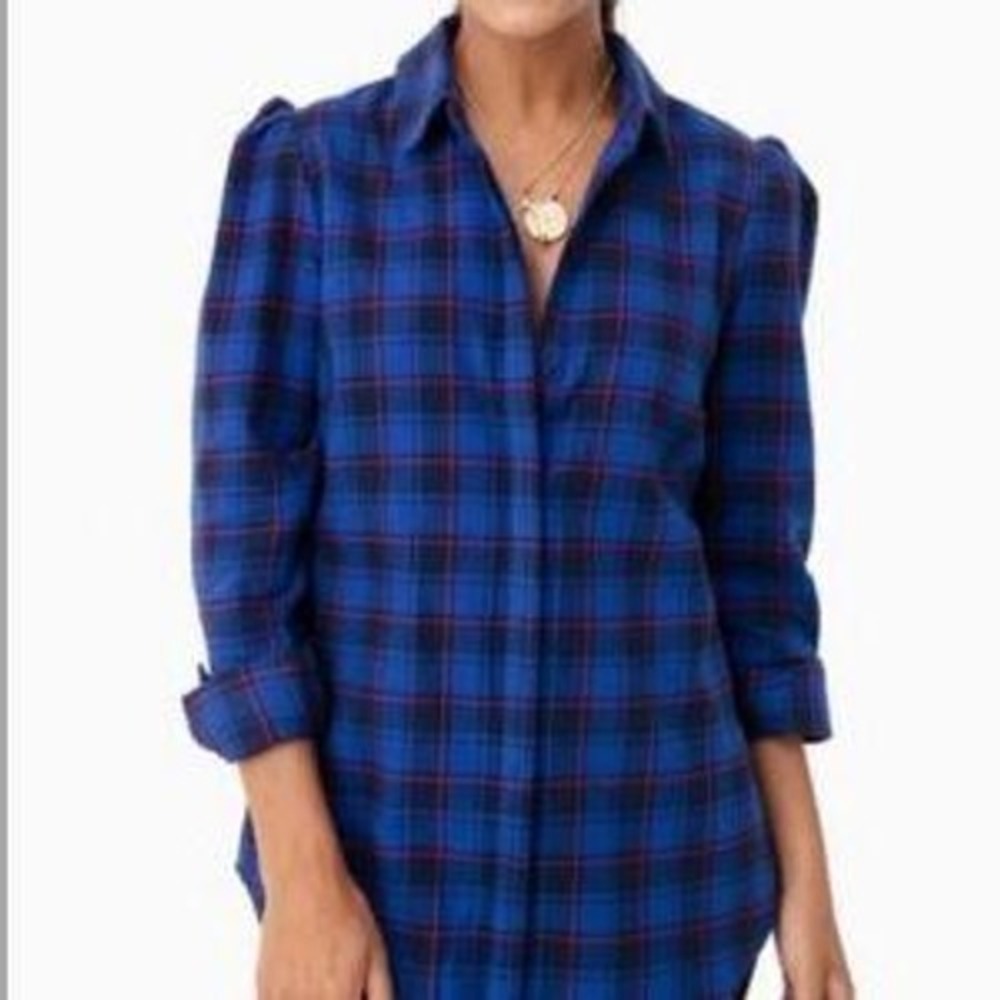 Tuckernuck Women's Saranac Blue Red Plaid Puff Sleeve Flannel Button Down Shirt